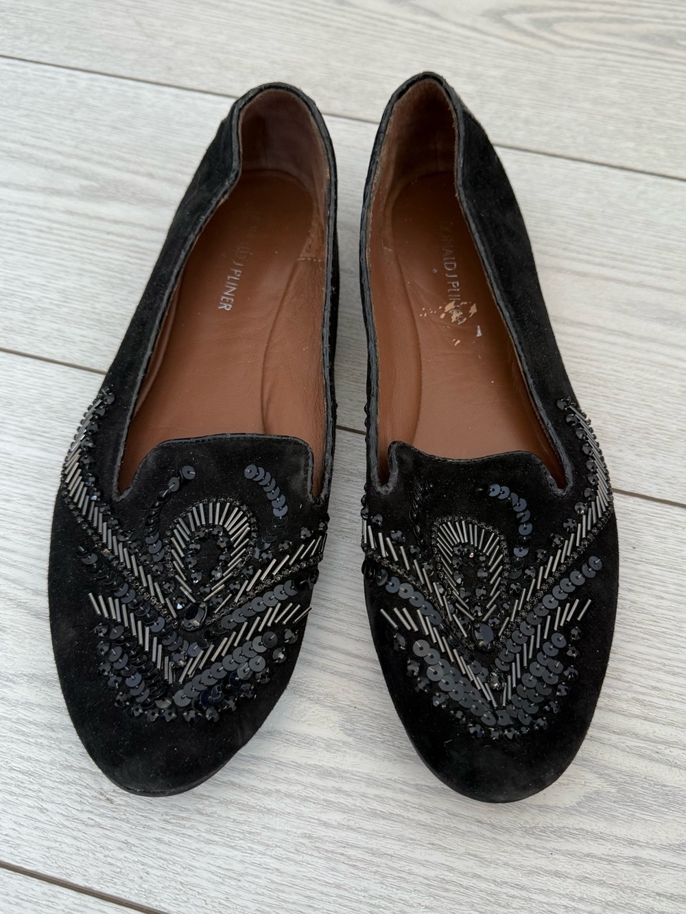 Donald J. Pliner 10 Dolin smoking slipper beaded jewels black suede flat loafers